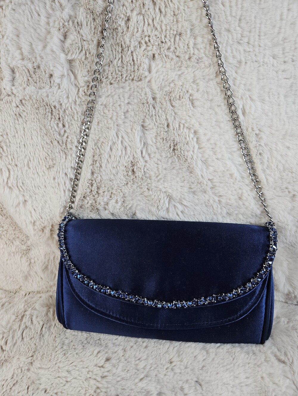 Elegant Badgley Mischka Talia Jeweled Navy Satin Evening Clutch with Chain